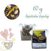 Kompostierbarer Zellglas-Beutel, Geprägtes Verschluss-Siegel aus Zuckerrohrpapier. Komplett abbaubar. Inhalt 60 g