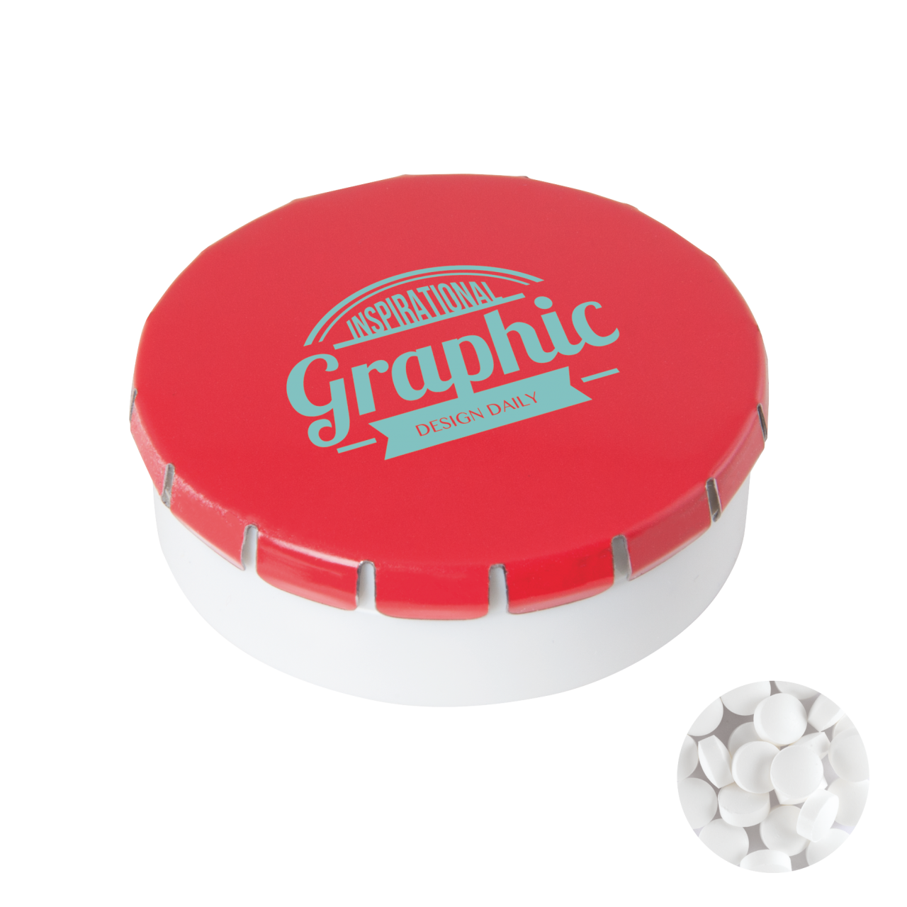 Super runde Click-Plastikdose 45 mm mit ca. 12 gr. minties zuckerfrei, TAMPONDRUCK