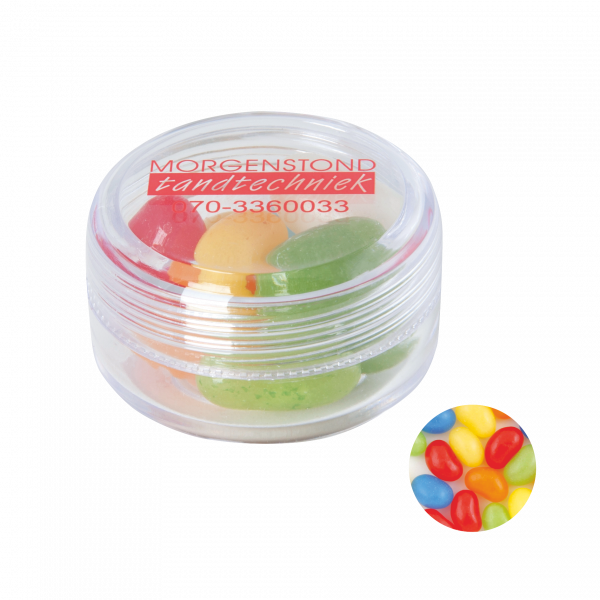 Runde Plastikdose mit farbigem Deckel gefüllt mit ca. 12 gr. Jelly Beans TAMPONDRUCK