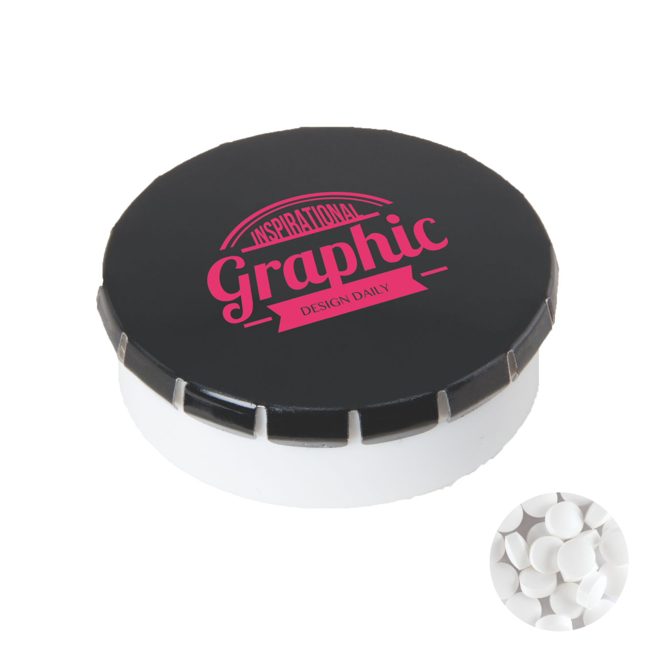 Super runde Click-Plastikdose 45 mm mit ca. 12 gr. minties zuckerfrei, TAMPONDRUCK