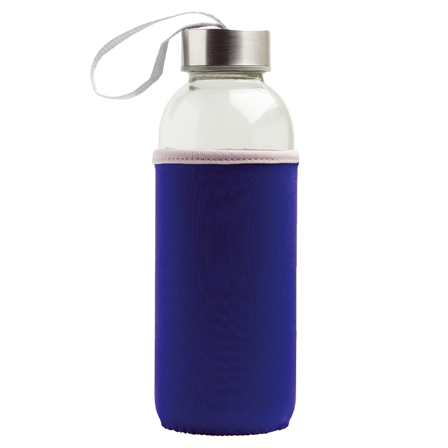 Glasflasche 500ml mit farbiger Neoprenhülle, der silberfarbene Metalldeckel ist mit einer farbigen S