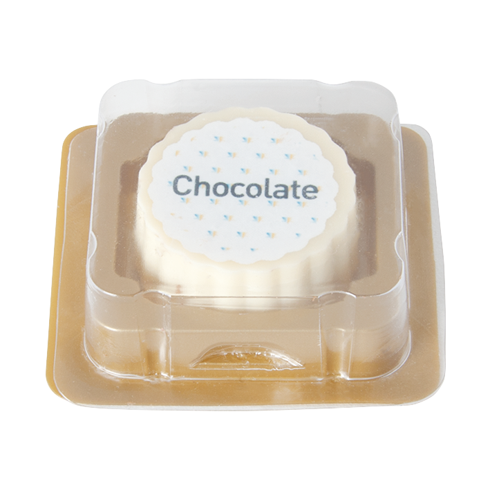 Logo-Praline aus weißer Schokolade mit Haselnuss Praliné Füllung, rechteckig oder rund, bis 4-c-bedr