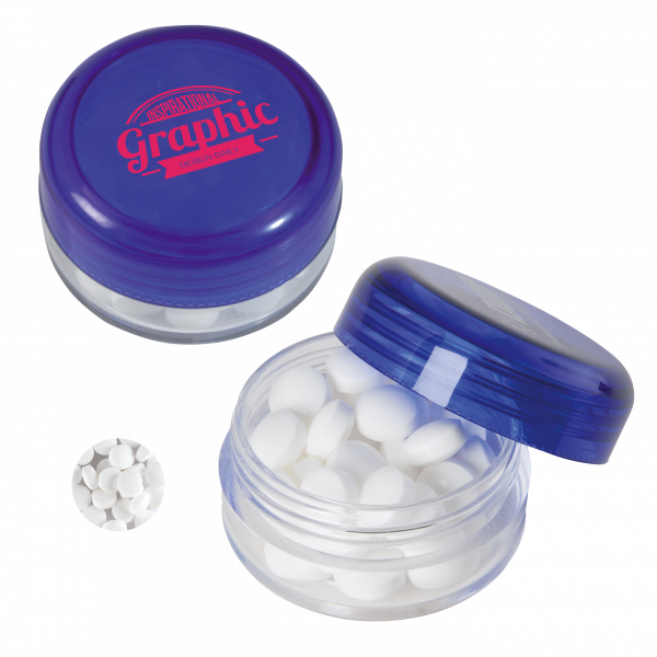 Runde Plastikdose mit farbigem Deckel gefüllt mit ca. 12 gr. extra strong Minties `Triangle` TAMPOND