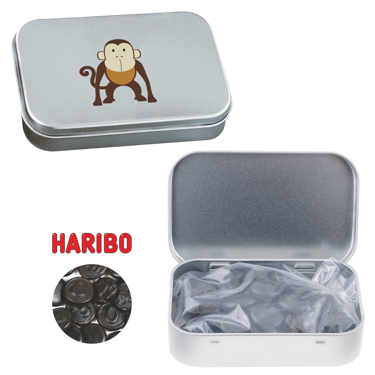 Blechdose mit Scharnier mit ca. 60 gr. Lakritz Geld