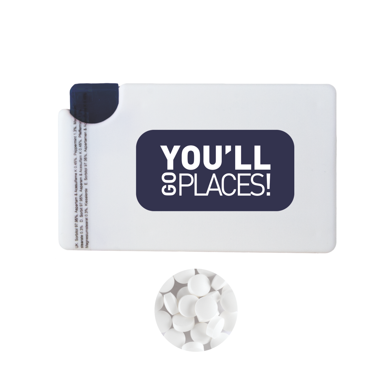 Mindispenser de Luxe mit ca. 8 gr. Minties zuckerfrei und Zutatenaufkleber