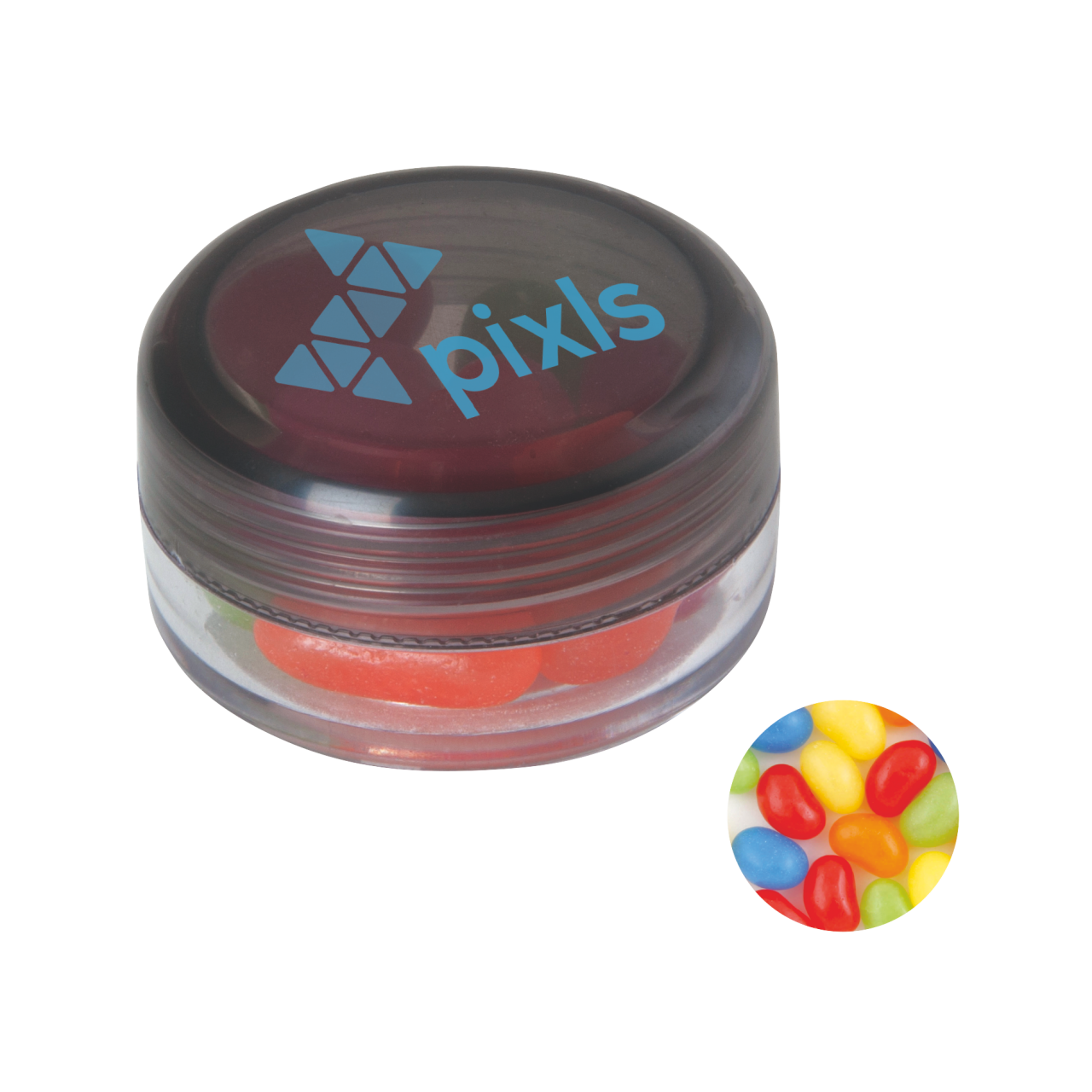 Runde Plastikdose mit farbigem Deckel gefüllt mit ca. 12 gr. Jelly Beans TAMPONDRUCK