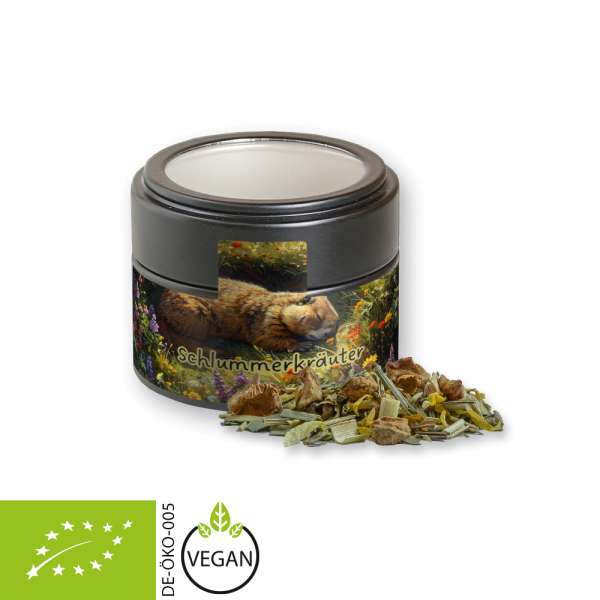 Bio Kräutertee Seelenwohl, ca. 17g, Metalldose Mini mit Sichtfenster schwarz