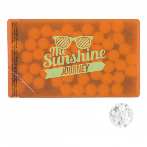 Mintdispenser Kreditkarte mit ca. 8 gr. Minties zuckerfrei und Zutatenaufkleber TAMPONDRUCK