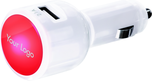 Car Charger weiß/rot mit 2 USB Ports und Leuchtlogo