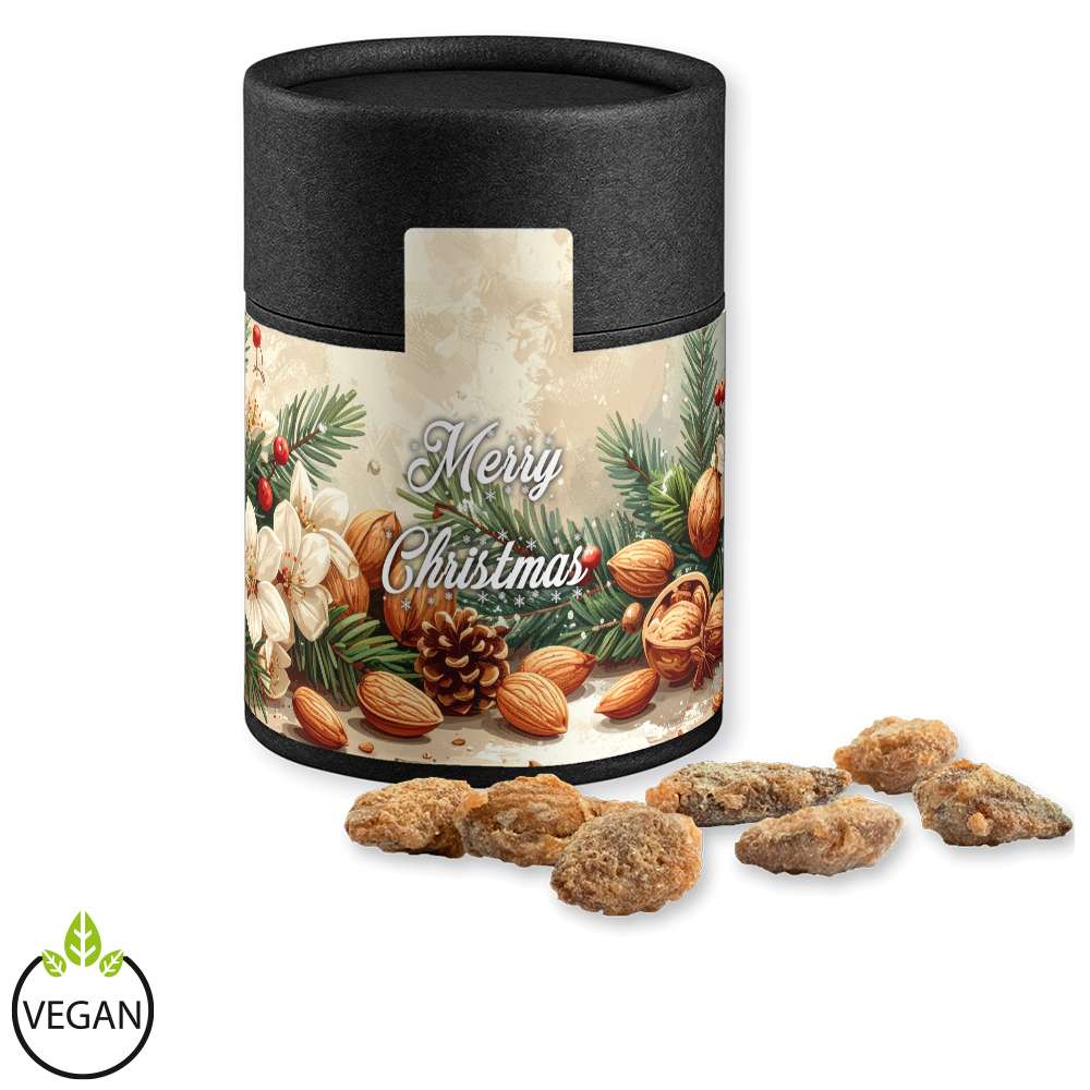 Feuergebrannte Mandeln ohne Zuckerzusatz, ca. 80g, Kraftpapierdose Midi schwarz