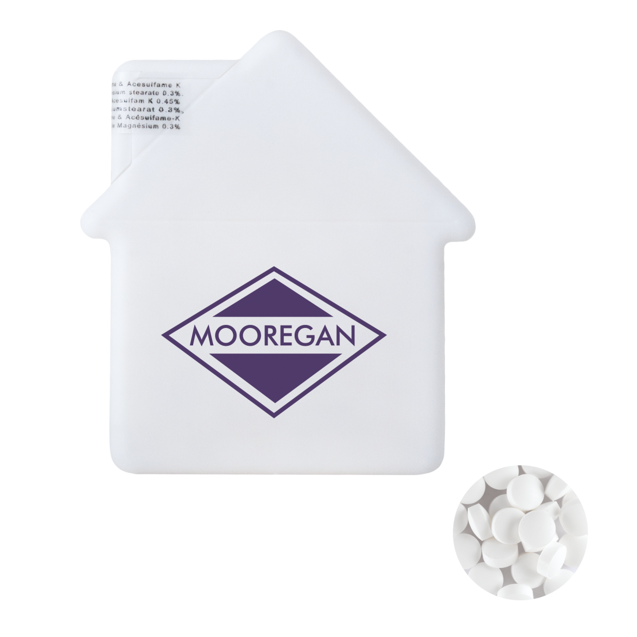 Mintdispenser Haus mit ca. 8 gr. Minties zuckerfrei und Zutatenaufkleber TAMPONDRUCK