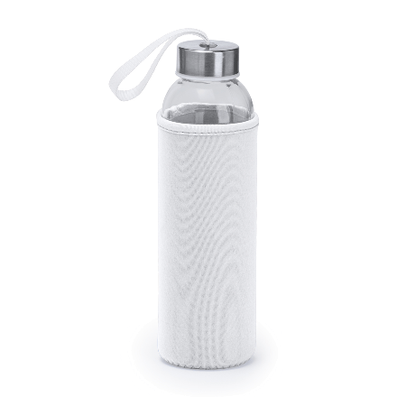 Glasflasche 500ml mit farbiger Neoprenhülle, der silberfarbene Metalldeckel ist mit einer farbigen S