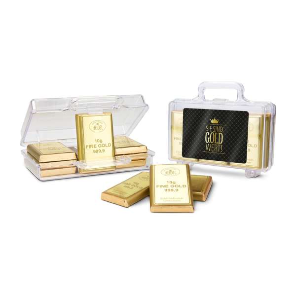 Geschenkartikel / Präsentartikel: Sie sind Gold wert - Goldkoffer mit 12 Goldbarren, Edelvollmilch-S