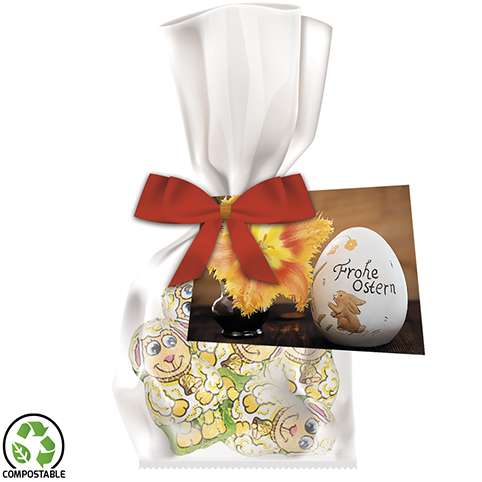 Schoko-Lamm, ca. 24g, Express Flachbeutel mit Schleife mit Werbekarte