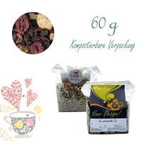 Kompostierbarer Zellglas-Beutel, Geprägtes Verschluss-Siegel aus Zuckerrohrpapier. Komplett abbaubar. Inhalt 60 g