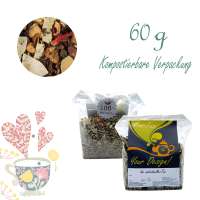 Kompostierbarer Zellglas-Beutel, Geprägtes Verschluss-Siegel aus Zuckerrohrpapier. Komplett abbaubar. Inhalt 60 g