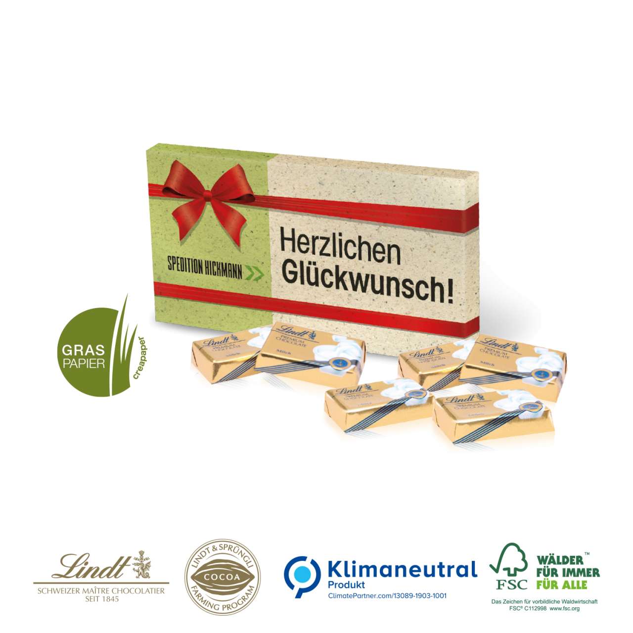 Präsentbox mit Lindt Schokotäfelchen auf Graspapier, Klimaneutral, FSC®