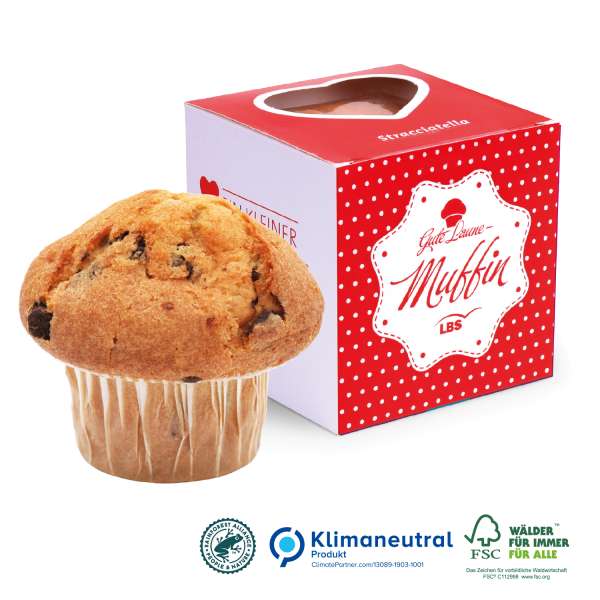 Muffin "Maxi" im Werbe-Würfel mit Herzstanzung, Klimaneutral, FSC®