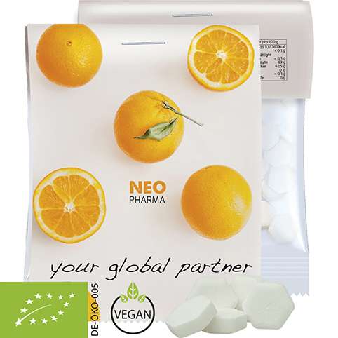 Bio Traubenzucker Orange Drops, ca. 15g, Express Midi-Tüte mit Werbereiter