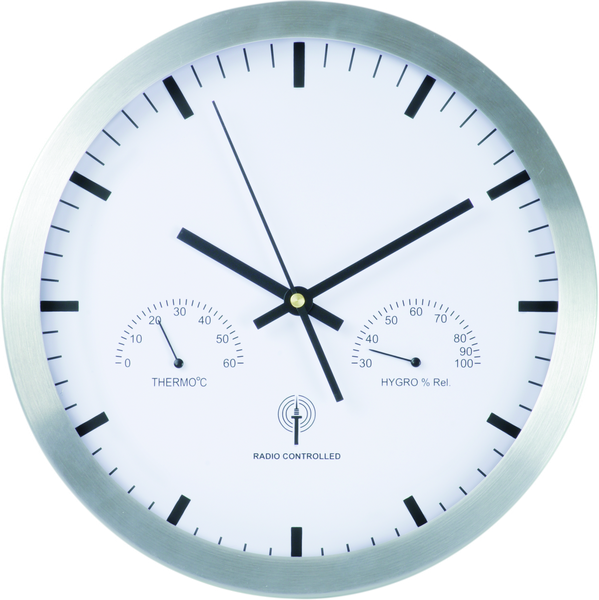 Große Funkwanduhr 30 cm aus Alu mit automatischer Zeiteinstellung, Thermometer und Hygrometer