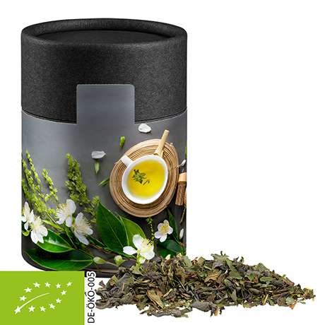 Bio Grüner Tee mit Minze, ca. 30g, Biologisch abbaubare Eco Pappdose Midi schwarz