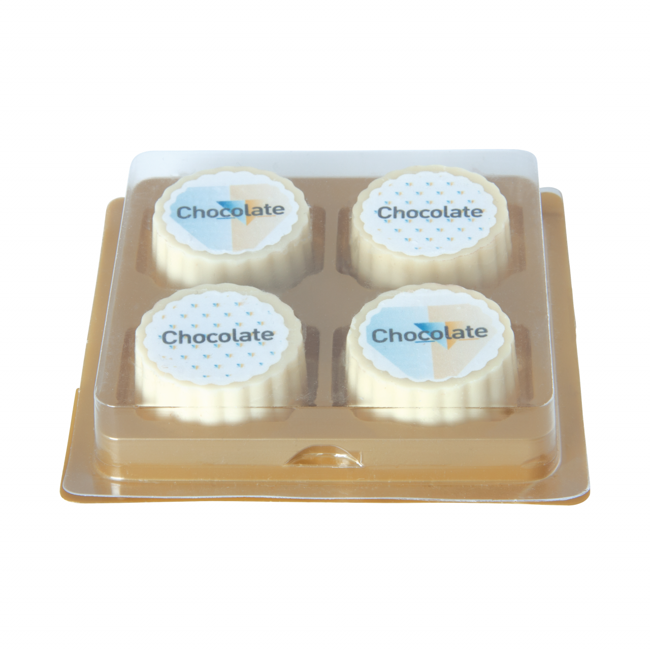 Logo-Praline aus weißer Schokolade mit Haselnuss Praliné Füllung, rechteckig oder rund, bis 4-c-bedr