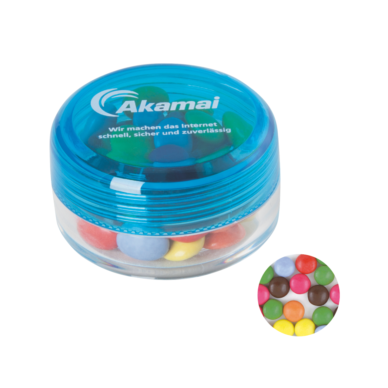 Runde Plastikdose mit farbigem Deckel gefüllt mit ca. 12 gr. Schokocarletties TAMPONDRUCK