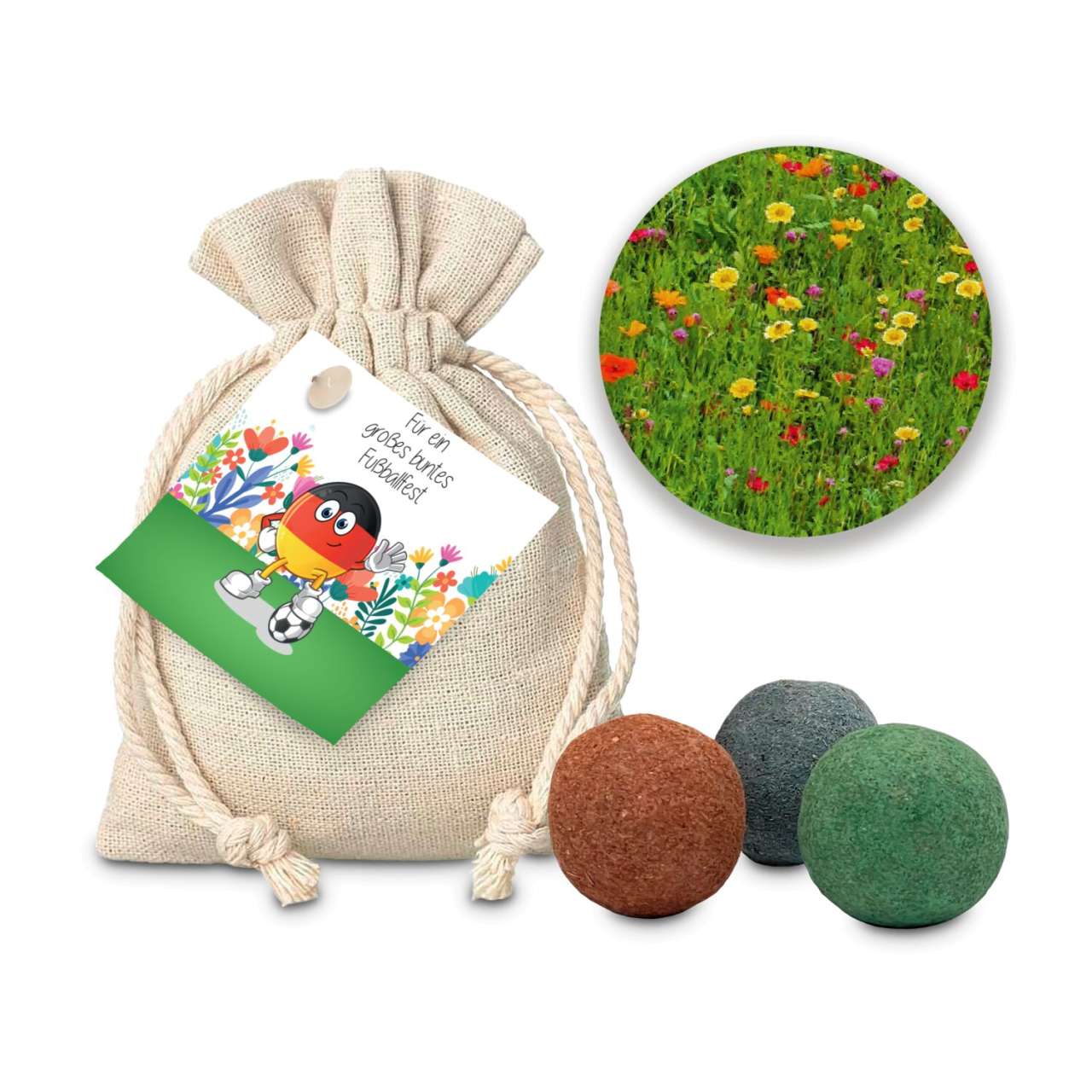 Geschenkartikel / Präsentartikel: Großes, buntes Fußballfest, 3 Saatkugeln im Säckchen