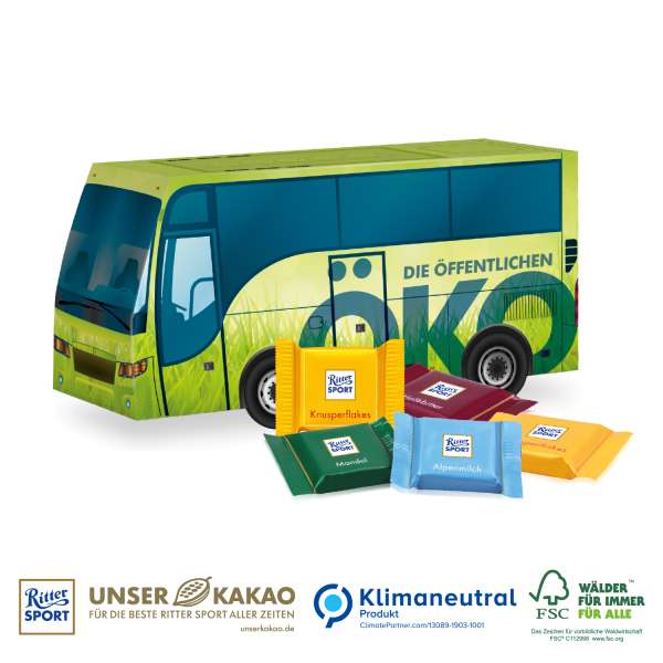 3D Präsent Bus mit Ritter SPORT Schokotäfelchen, Klimaneutral, FSC®