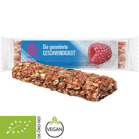 Bio Müsliriegel Multikorn-Himbeere, 30g, Express Flowpack mit Etikett
