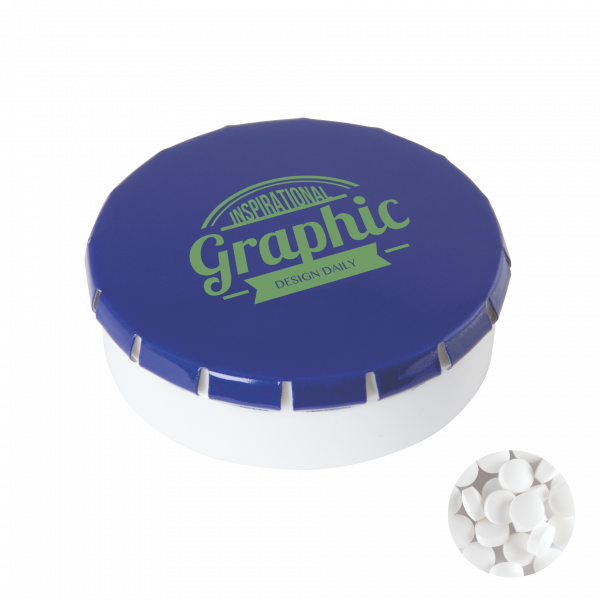 Super runde Click-Plastikdose 45 mm mit ca. 12 gr. minties zuckerfrei, TAMPONDRUCK