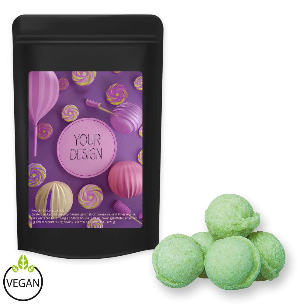 Waldmeister-Brause Bonbons, ca. 80g, Standbeutel Midi schwarz