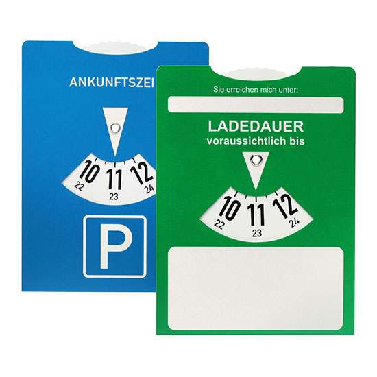 Kartonparkscheibe mit Ladedaueranzeige für E-Autos