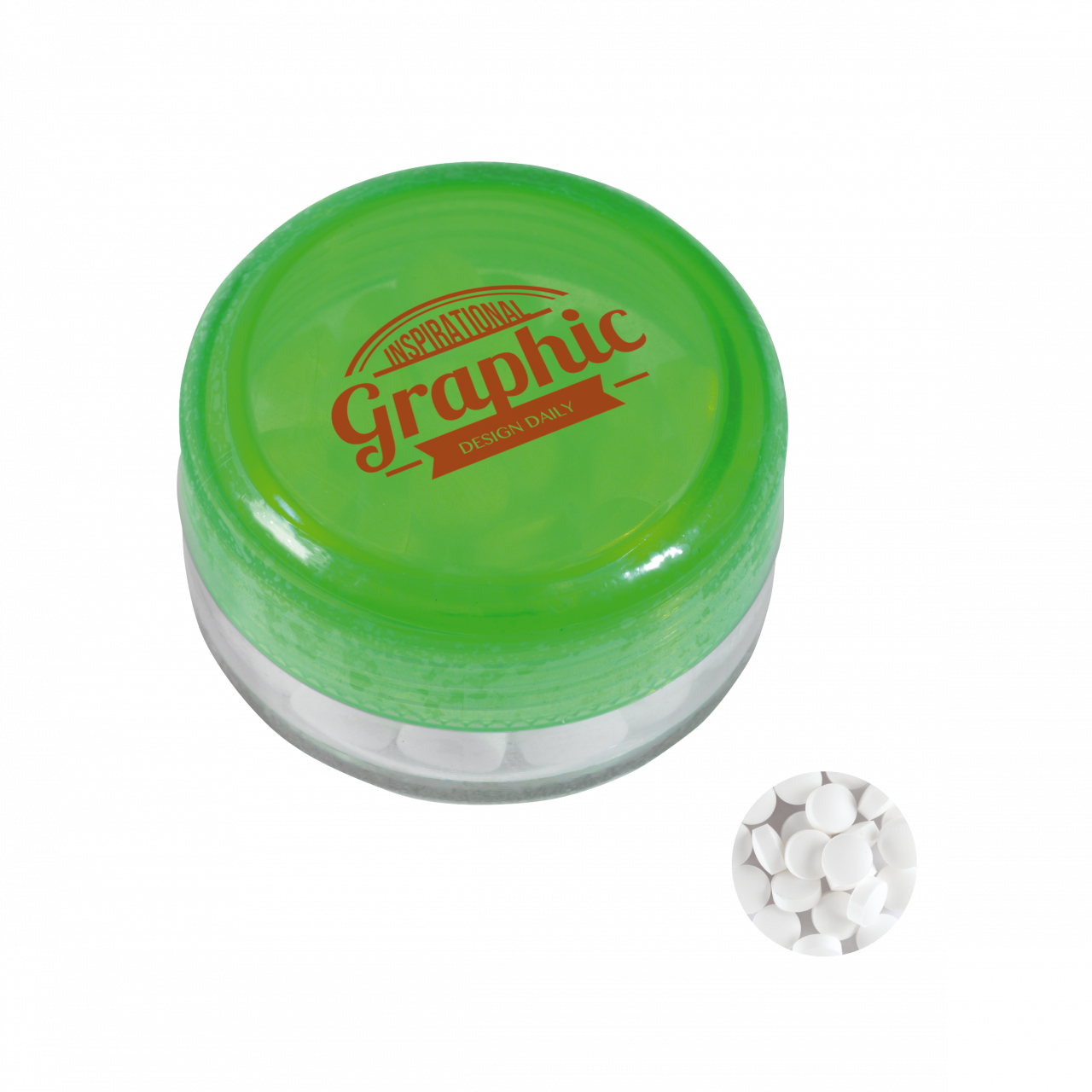 Runde Plastikdose mit farbigem Deckel gefüllt mit ca. 12 gr. extra strong Minties `Triangle` TAMPOND