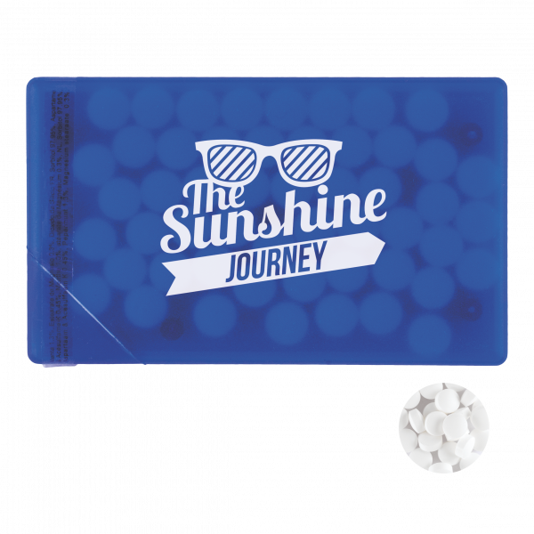 Mintdispenser Kreditkarte mit ca. 8 gr. Minties zuckerfrei und Zutatenaufkleber TAMPONDRUCK