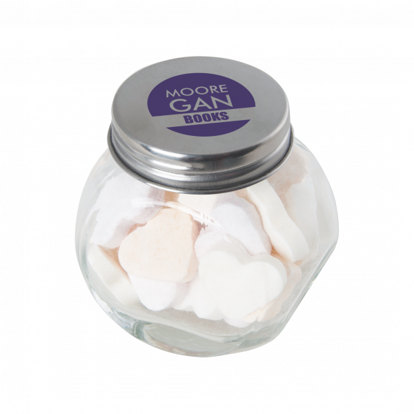 Bonbonglas mini gefüllt mit ca. 40 gr. Fruchtherzchen mit farbigem Deckel