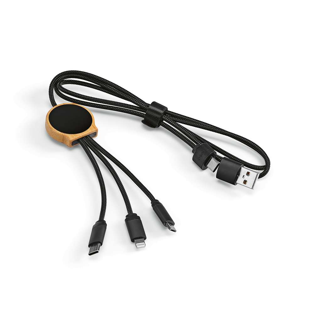 Asimov 5-in-1 Kabel aus Bambus und rPET. Mit hinterleuchtetem Logo