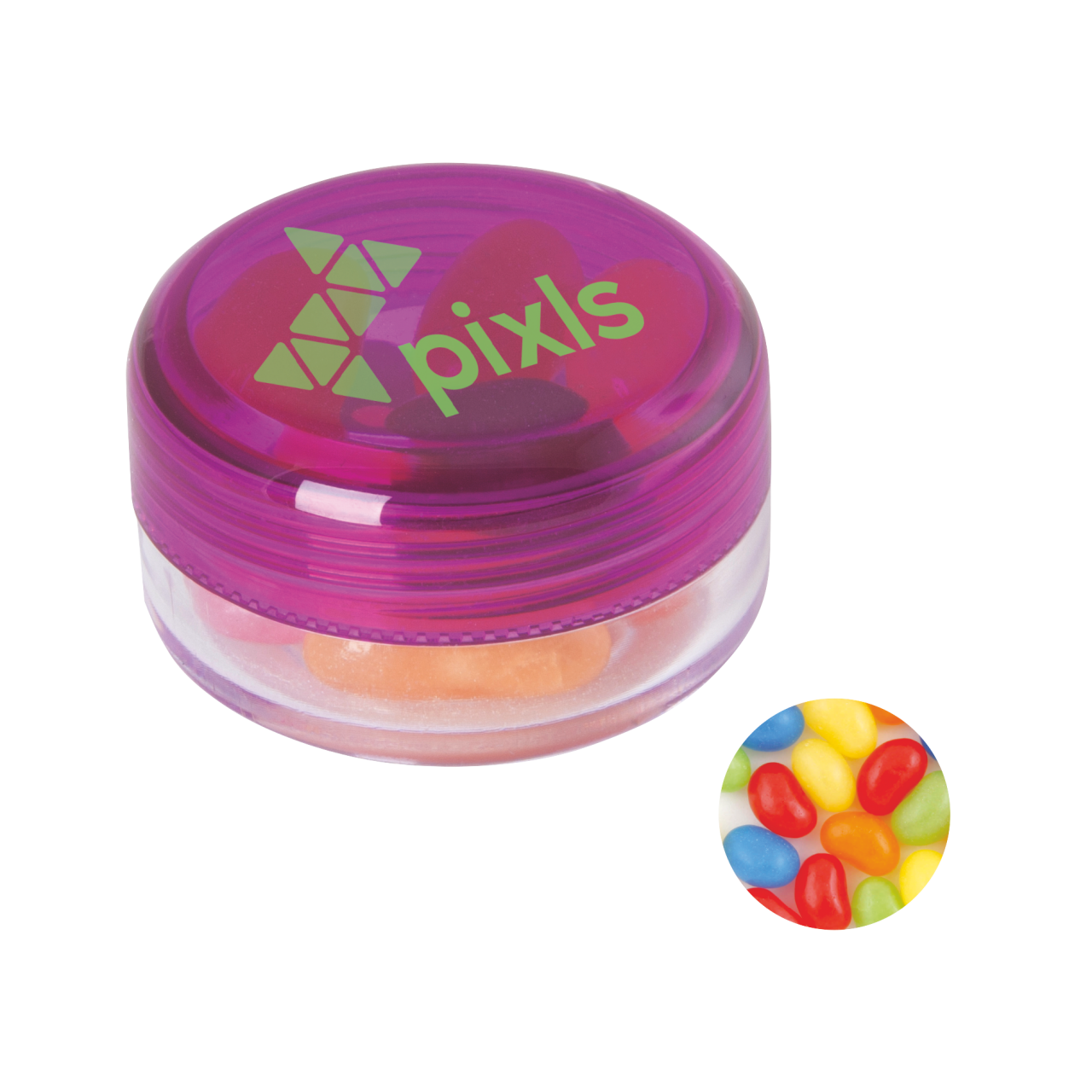 Runde Plastikdose mit farbigem Deckel gefüllt mit ca. 12 gr. Jelly Beans TAMPONDRUCK