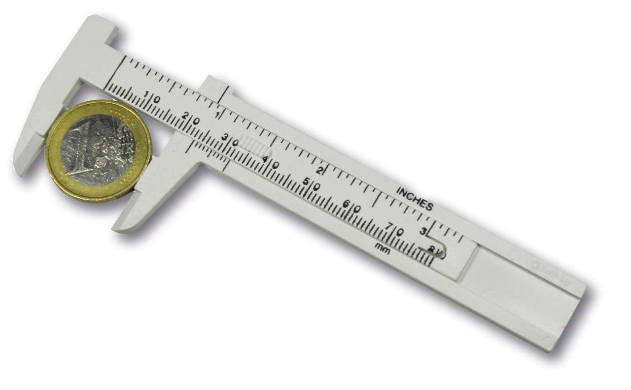 Kleine Schieblehre aus Kunststoff, 8 cm Skala, Farbe Weiß