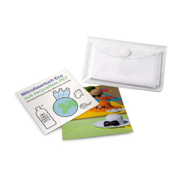 Brillenputztuch rPET - Mikrofasertuch x cm, in transparentem Schutzetui mit Klettpunkt