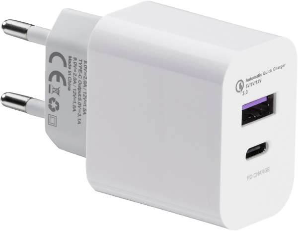 Ladegerät mit 18W Power Delivery und Quick Charge für USB Typ A und Typ C
