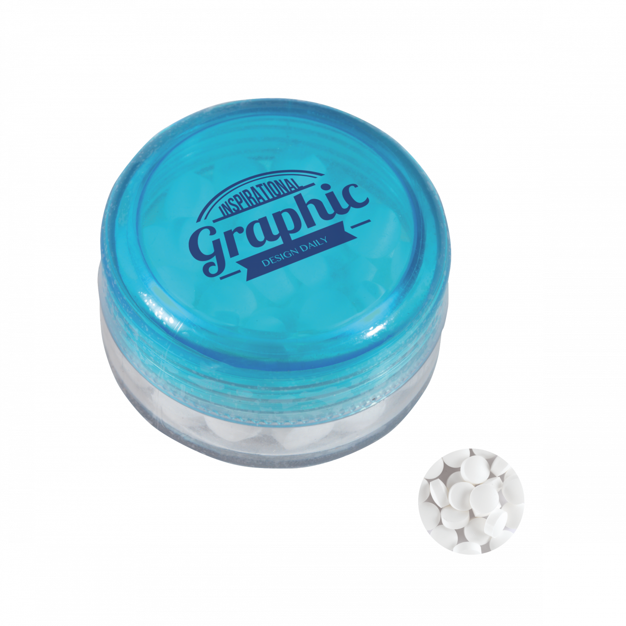 Runde Plastikdose mit farbigem Deckel gefüllt mit ca. 12 gr. extra strong Minties `Triangle` TAMPOND