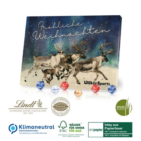Adventskalender aus Graspapier mit Lindt Schokolade "Gourmet Edition" Organic, Klimaneutral, FSC®