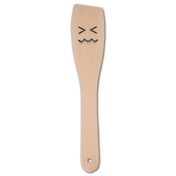 Pfannenwender, mit Motiv Gesicht mit zusammengekniffenen Augen, aus Holz 30 cm