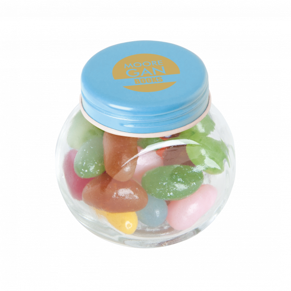 Bonbonglas mini gefüllt mit ca. 40 gr. Jelly Beans mit farbigem Deckel