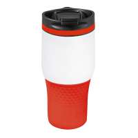 Becher weiß, Ring rot, Hülle rot