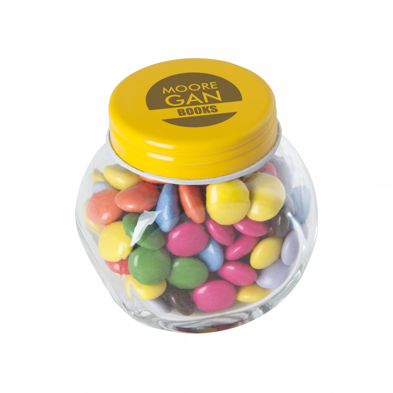 Bonbonglas mini gefüllt mit ca. 40 gr. Schokocarletties mit farbigem Deckel