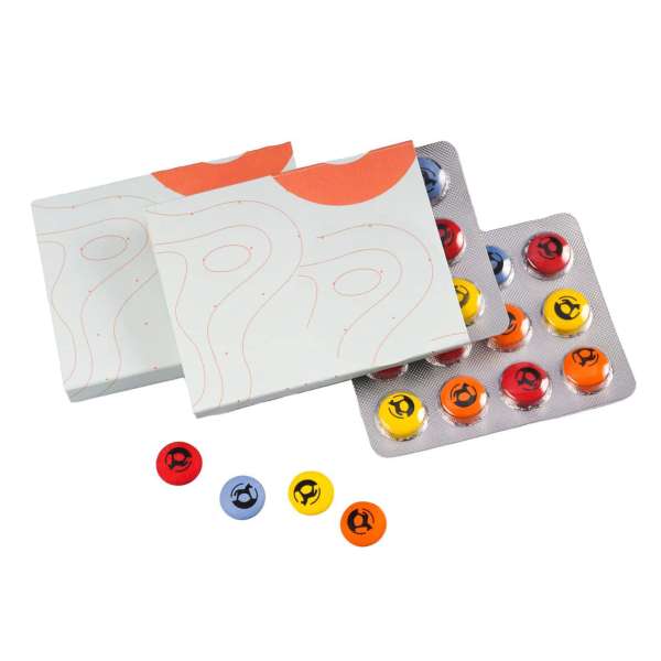 12er-Schokolinsen im Blister in Kartonschachtel, mit bedruckten Schokolinsen im Farbmix