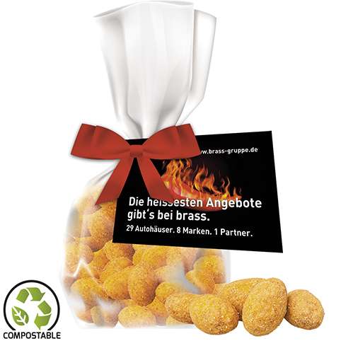 Erdnüsse Barbecue, ca. 25g, Express Flachbeutel mit Schleife mit Werbekarte