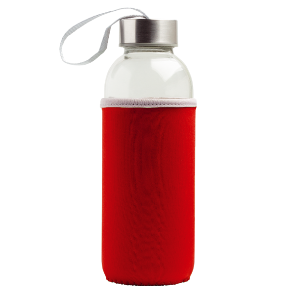 Glasflasche 500ml mit farbiger Neoprenhülle, der silberfarbene Metalldeckel ist mit einer farbigen S